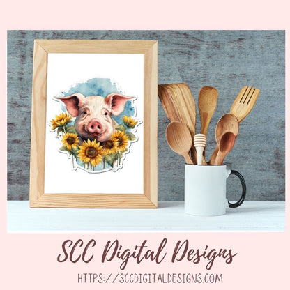 Cute Pig Sticker Set for Digital Planning and Printable Planners, Journals, Scrapbooking, Sunflowers & Piglet PNGs, Instant Download Goodnotes Compatible PNG Images