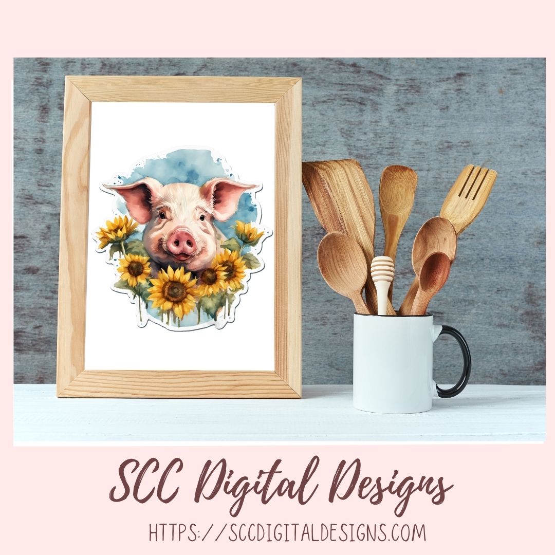 Cute Pig Stickers PNGs for Digital and Printable Planners, Bullet Journals, Scrapbooking, Laptops, Flowers and Pig Decals Gift for Women