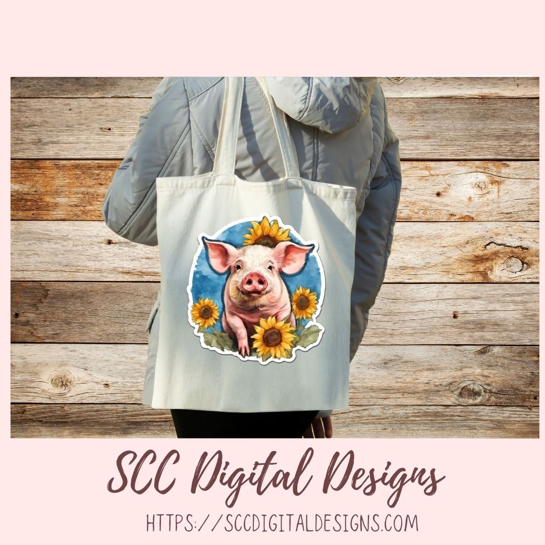 Cute Pig Stickers PNGs for Digital and Printable Planners, Bullet Journals, Scrapbooking, Laptops, Flowers and Pig Decals Gift for Women