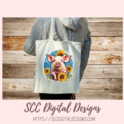 Cute Pig Stickers PNGs for Digital and Printable Planners, Bullet Journals, Scrapbooking, Laptops, Flowers and Pig Decals Gift for Women
