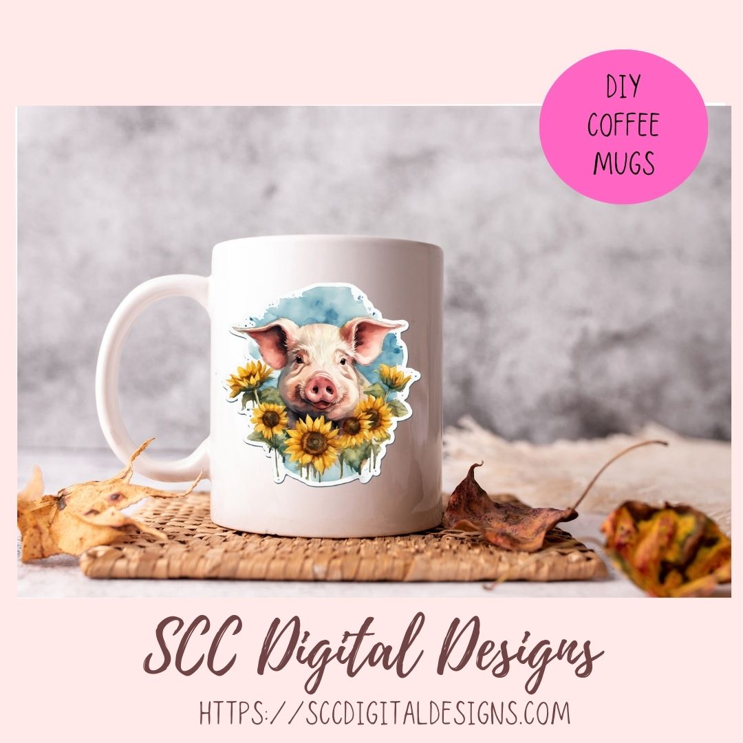 Cute Pig Sticker Set for Digital Planning and Printable Planners, Journals, Scrapbooking, Sunflowers & Piglet PNGs, Instant Download Goodnotes Compatible PNG Images
