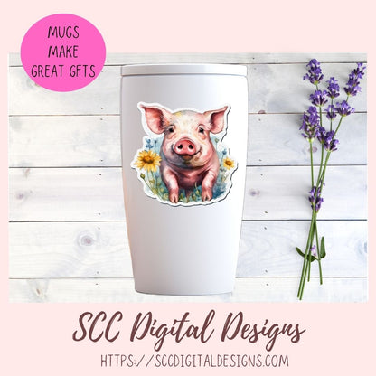 Cute Pig Sticker Set for Digital Planning and Printable Planners, Journals, Scrapbooking, Sunflowers & Piglet PNGs, Instant Download Goodnotes Compatible PNG Images