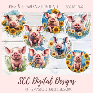 Cute Pig Sticker Set for Digital Planning and Printable Planners, Journals, Scrapbooking, Sunflowers & Piglet PNGs, Instant Download Goodnotes Compatible PNG Images