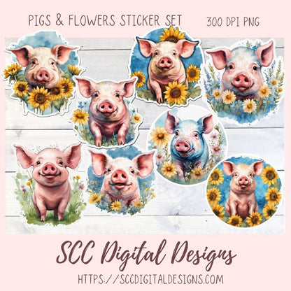 Cute Pig Stickers PNGs for Digital and Printable Planners, Bullet Journals, Scrapbooking, Laptops, Flowers and Pig Decals Gift for Women