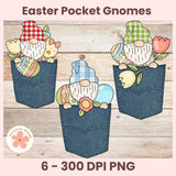 Easter pocket gnomes with flowers and eggs on a wooden background, featuring the brand 'EC Digital Designs'.