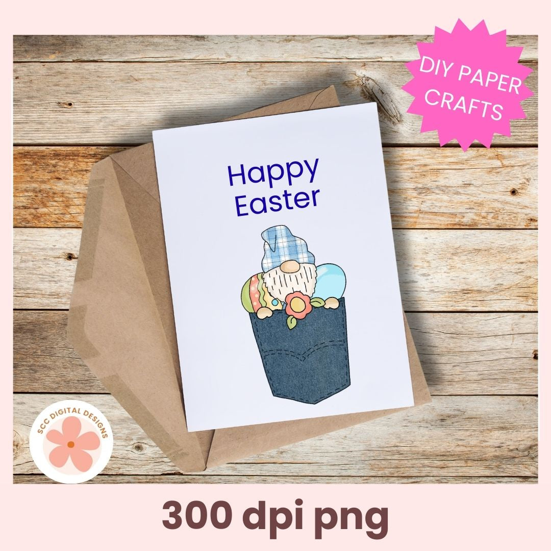 Easter card with gnome illustration and 'Happy Easter' text on a wooden surface, featuring a brown envelope.
