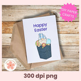 Easter card with gnome illustration and 'Happy Easter' text on a wooden surface, featuring a brown envelope.