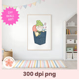 Framed illustration of a pocket with ice cream and books on a wall in a room with a colorful rug and bookshelf.