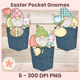 Easter-themed pocket gnomes with flowers and bunnies on a wooden background, featuring the brand 'Digital Designer'.
