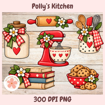 A digital clipart set titled 'Polly's Kitchen' featuring six illustrated baking and kitchen-themed designs: a glass jar with a red gingham bow and heart, a wooden rolling pin with a red heart, a red stand mixer with a heart-patterned bowl, a cup of utensils with flowers and a red gingham cloth, a stack of books tied with a red gingham bow, and a bowl of cookies with a flower. The artwork is shown on a light wood plank background with 'Polly's Kitchen' at the top and '300 DPI PNG' at the bottom.