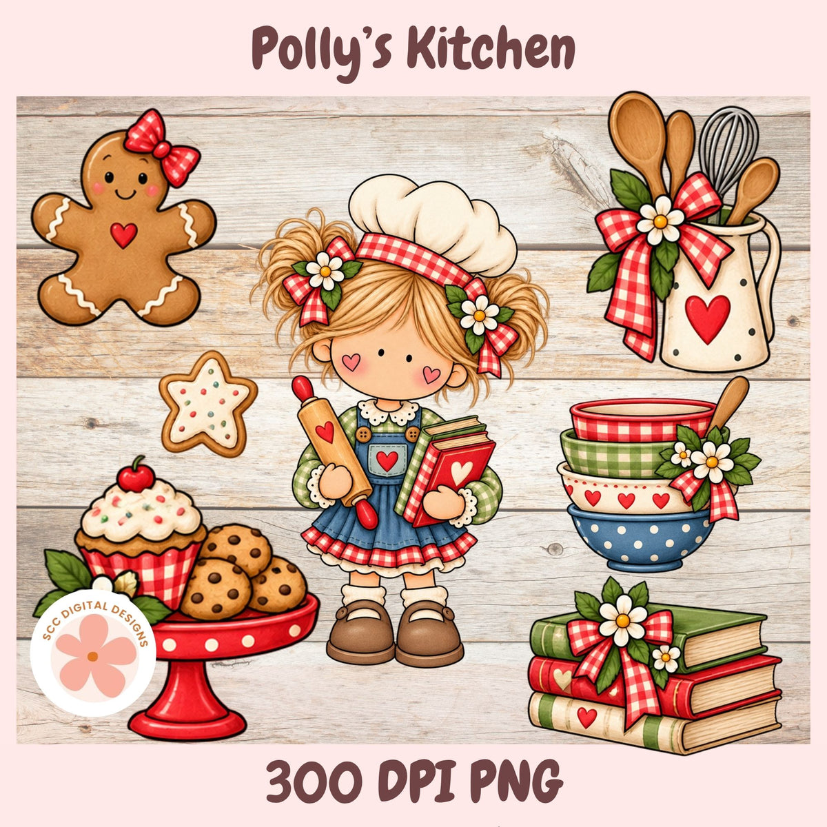 Gingerbread-themed digital clipart set titled 'Polly's Kitchen' featuring a cartoon girl in a chef hat and overalls, cookies, cupcakes, stacked books, and utensils with red gingham bows and hearts on a wood plank background. Text at the bottom reads '300 DPI PNG'.