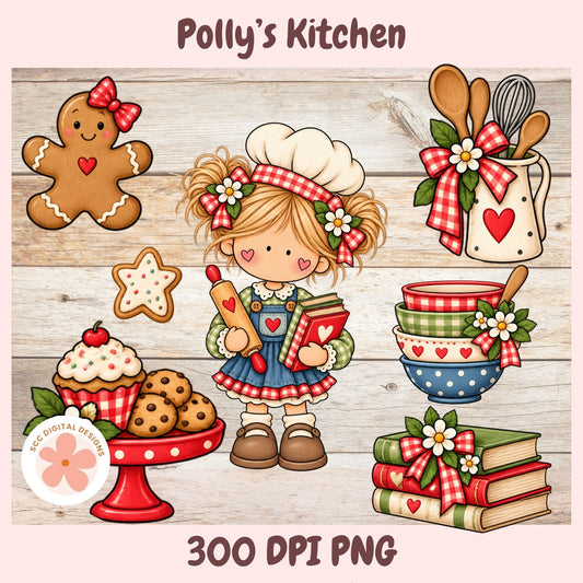 Gingerbread-themed digital clipart set titled 'Polly's Kitchen' featuring a cartoon girl in a chef hat and overalls, cookies, cupcakes, stacked books, and utensils with red gingham bows and hearts on a wood plank background. Text at the bottom reads '300 DPI PNG'.