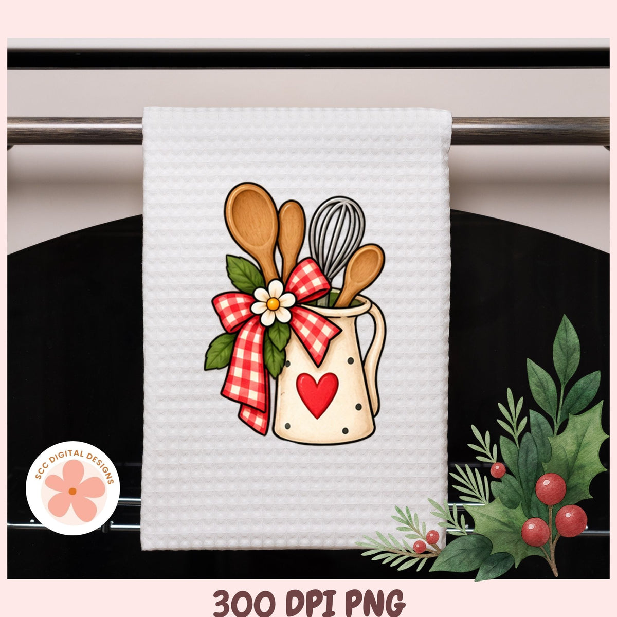 A white waffle-weave kitchen towel hanging on a metal rack, featuring a cute graphic of a cream-colored pitcher filled with wooden spoons, a whisk, green leaves, a red gingham bow, and a red heart. The image has a pink border with '300 DPI PNG' text at the bottom and a circular '600 DIGITAL DOWNLOAD' logo on the bottom left.