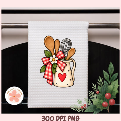 A white waffle-weave kitchen towel hanging on a metal rack, featuring a cute graphic of a cream-colored pitcher filled with wooden spoons, a whisk, green leaves, a red gingham bow, and a red heart. The image has a pink border with '300 DPI PNG' text at the bottom and a circular '600 DIGITAL DOWNLOAD' logo on the bottom left.