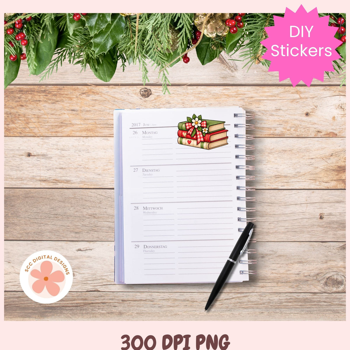 A spiral-bound planner page with a holiday-themed sticker design of stacked books wrapped in red and green ribbon, shown on a wood plank background with a black pen, greenery, and festive decorations. Text overlays read 'DIY Stickers' and '300 DPI PNG'.