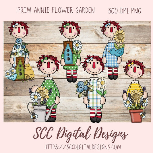 Annie Clipart Digital Download Primitive Doll Clip Art for T-Shirts for Women and Kids, Flower Garden, Blue Birds, Birdhouses, Bumble Bees