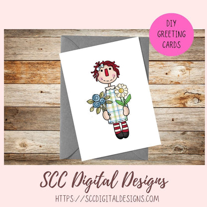 Annie Clipart Digital Download Primitive Doll Clip Art for T-Shirts for Women and Kids, Flower Garden, Blue Birds, Birdhouses, Bumble Bees