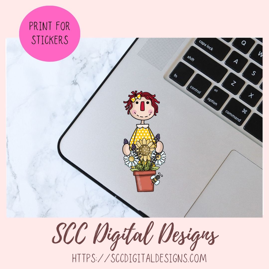 Annie Clipart Digital Download Primitive Doll Clip Art for T-Shirts for Women and Kids, Flower Garden, Blue Birds, Birdhouses, Bumble Bees