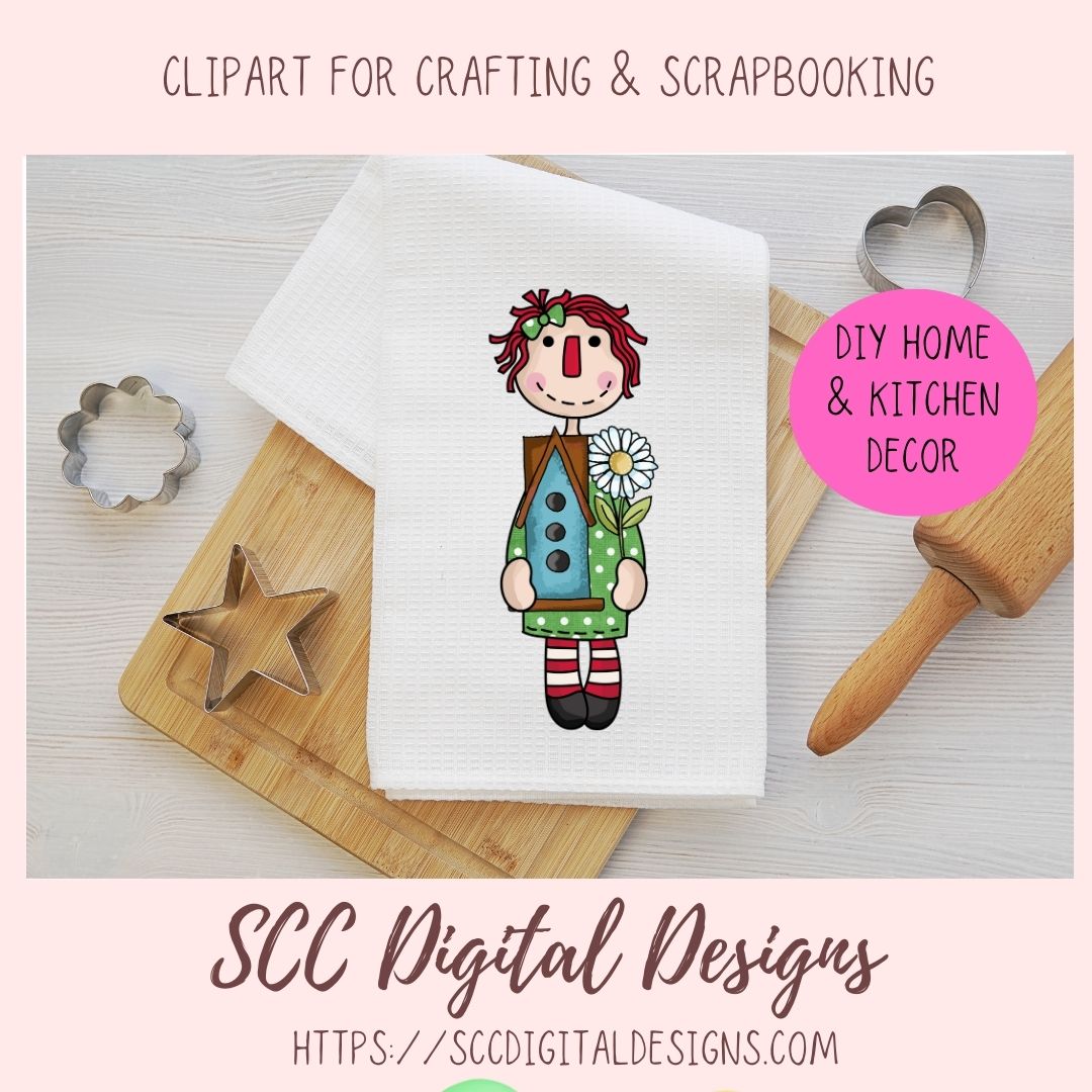 Annie Clipart Digital Download Primitive Doll Clip Art for T-Shirts for Women and Kids, Flower Garden, Blue Birds, Birdhouses, Bumble Bees