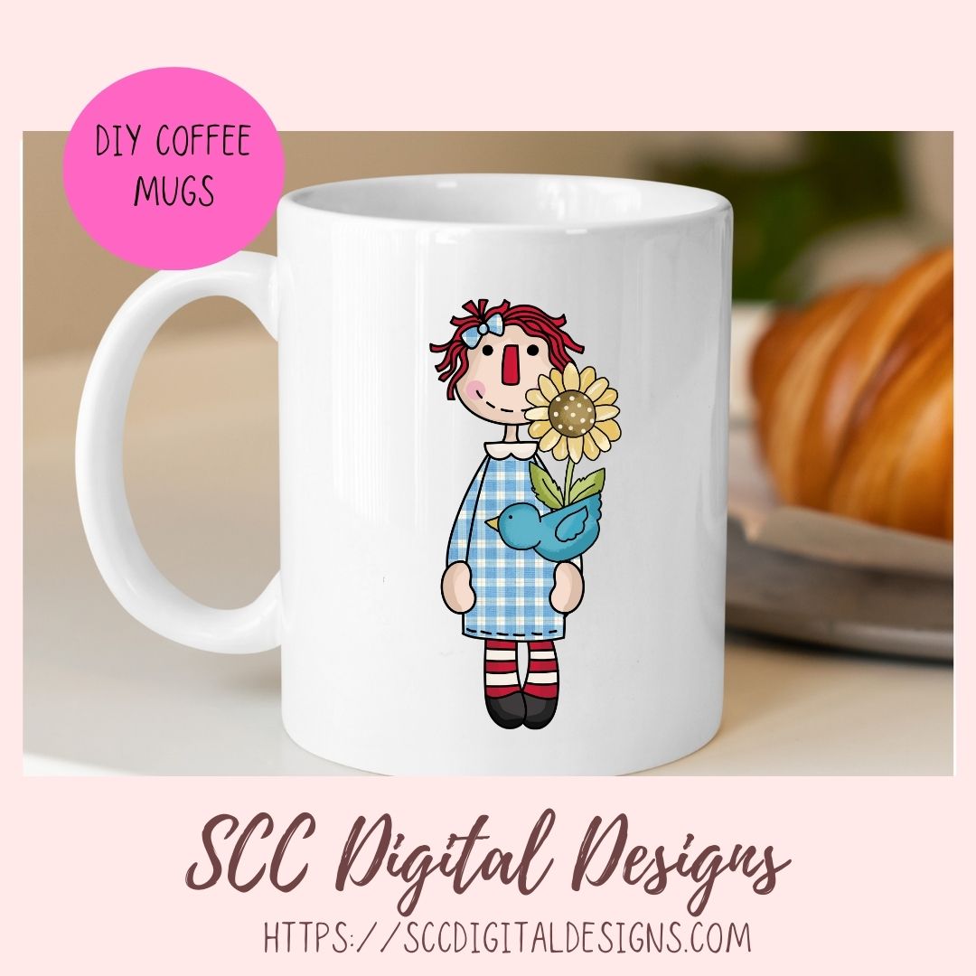 Annie Clipart Digital Download Primitive Doll Clip Art for T-Shirts for Women and Kids, Flower Garden, Blue Birds, Birdhouses, Bumble Bees