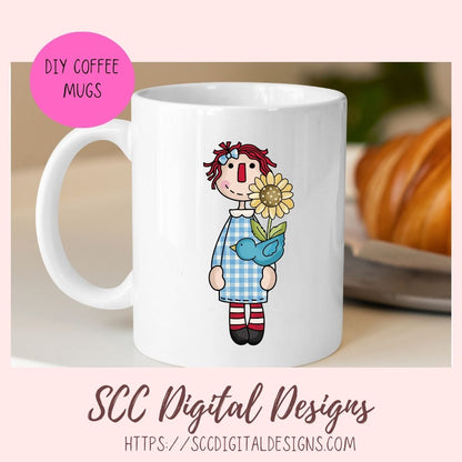 Annie Clipart Digital Download Primitive Doll Clip Art for T-Shirts for Women and Kids, Flower Garden, Blue Birds, Birdhouses, Bumble Bees