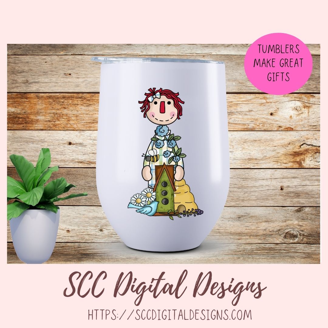 Annie Clipart Digital Download Primitive Doll Clip Art for T-Shirts for Women and Kids, Flower Garden, Blue Birds, Birdhouses, Bumble Bees