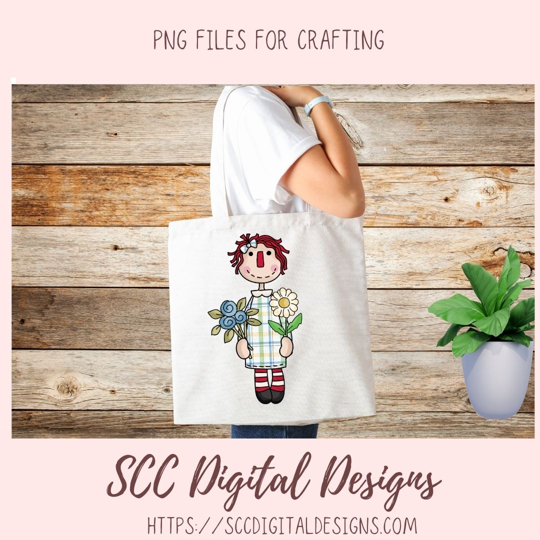 Annie Clipart Digital Download Primitive Doll Clip Art for T-Shirts for Women and Kids, Flower Garden, Blue Birds, Birdhouses, Bumble Bees