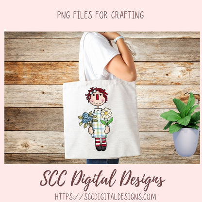 Annie Clipart Digital Download Primitive Doll Clip Art for T-Shirts for Women and Kids, Flower Garden, Blue Birds, Birdhouses, Bumble Bees