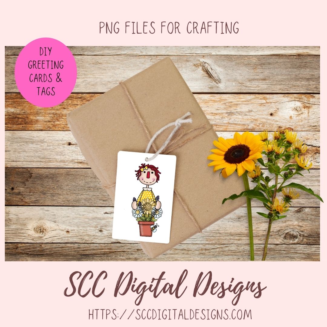 Annie Clipart Digital Download Primitive Doll Clip Art for T-Shirts for Women and Kids, Flower Garden, Blue Birds, Birdhouses, Bumble Bees