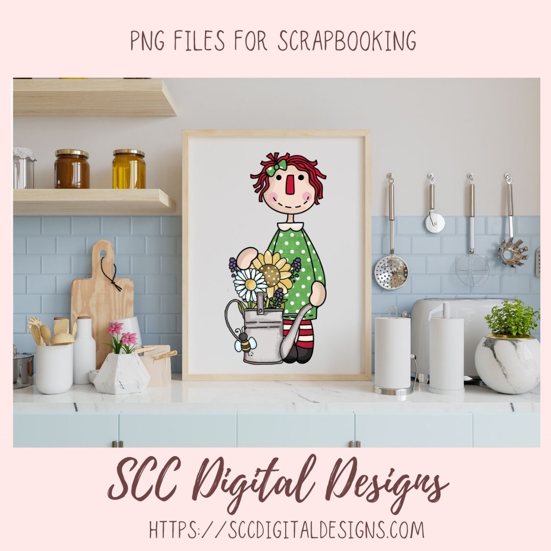 Annie Clipart Digital Download Primitive Doll Clip Art for T-Shirts for Women and Kids, Flower Garden, Blue Birds, Birdhouses, Bumble Bees