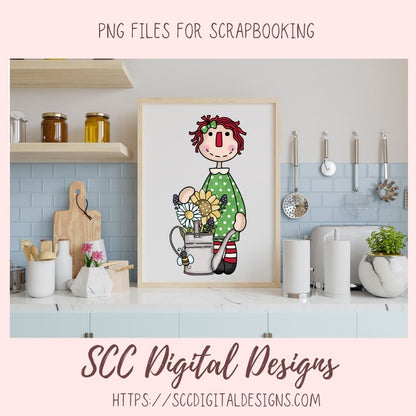 Annie Clipart Digital Download Primitive Doll Clip Art for T-Shirts for Women and Kids, Flower Garden, Blue Birds, Birdhouses, Bumble Bees