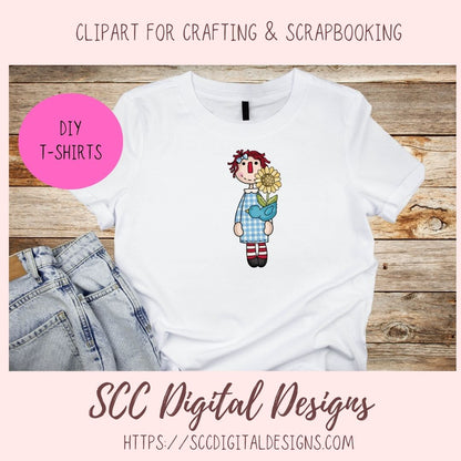 Annie Clipart Digital Download Primitive Doll Clip Art for T-Shirts for Women and Kids, Flower Garden, Blue Birds, Birdhouses, Bumble Bees