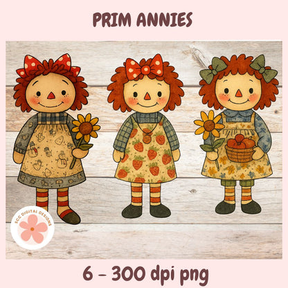 Three cartoon-style dolls with red hair and dresses holding flowers and a basket on a wooden background, branded 'Prim Annies'.