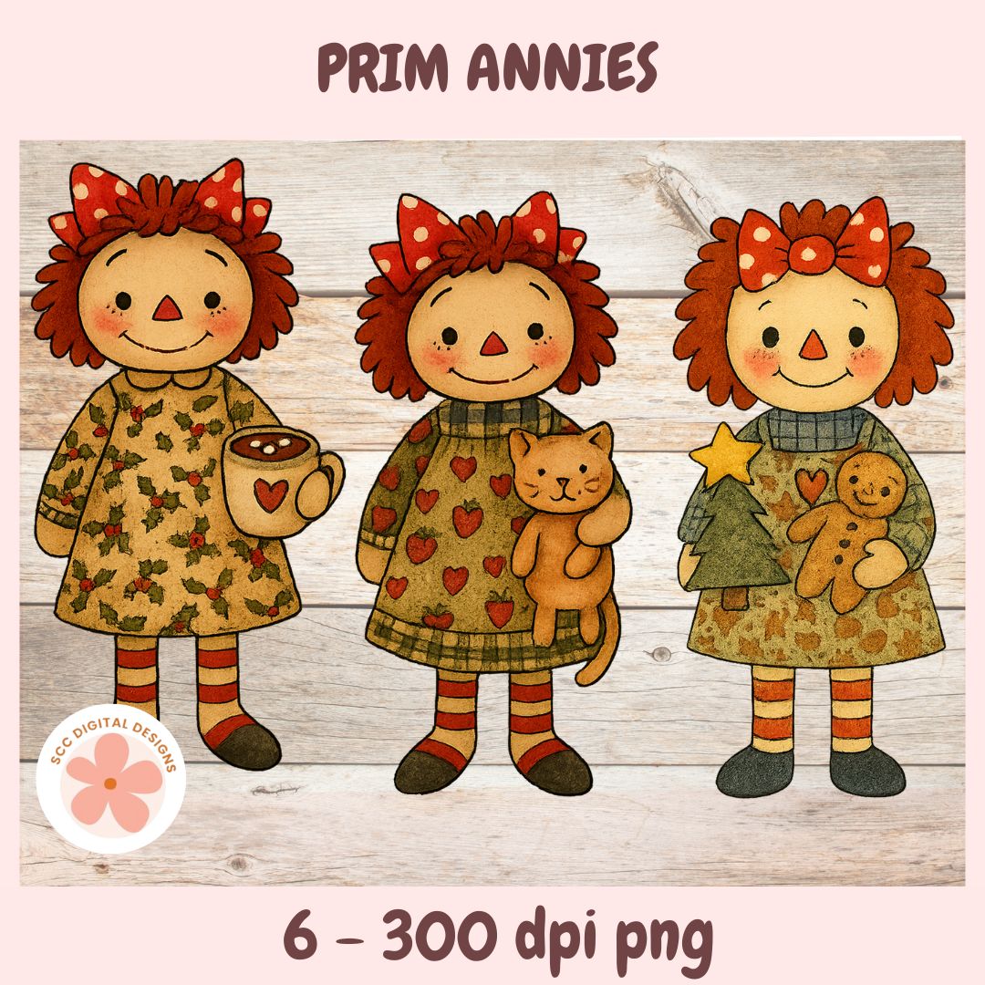 Three cartoon dolls with red hair and dresses holding various items on a wooden background, branded 'Prim Annies'.