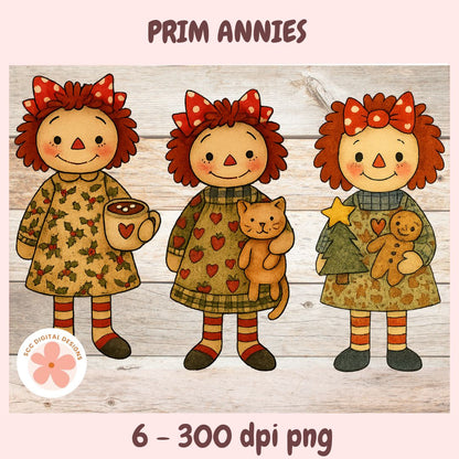 Three cartoon dolls with red hair and dresses holding various items on a wooden background, branded 'Prim Annies'.