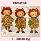 Three cartoon dolls with red hair and dresses holding various items on a wooden background, branded 'Prim Annies'.
