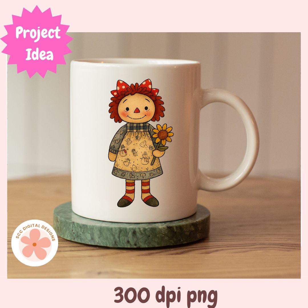 Mug with a cartoon character holding a sunflower on a wooden surface
