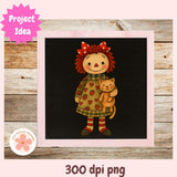 Illustration of a girl with red hair and a cat on a black background, framed in pink.