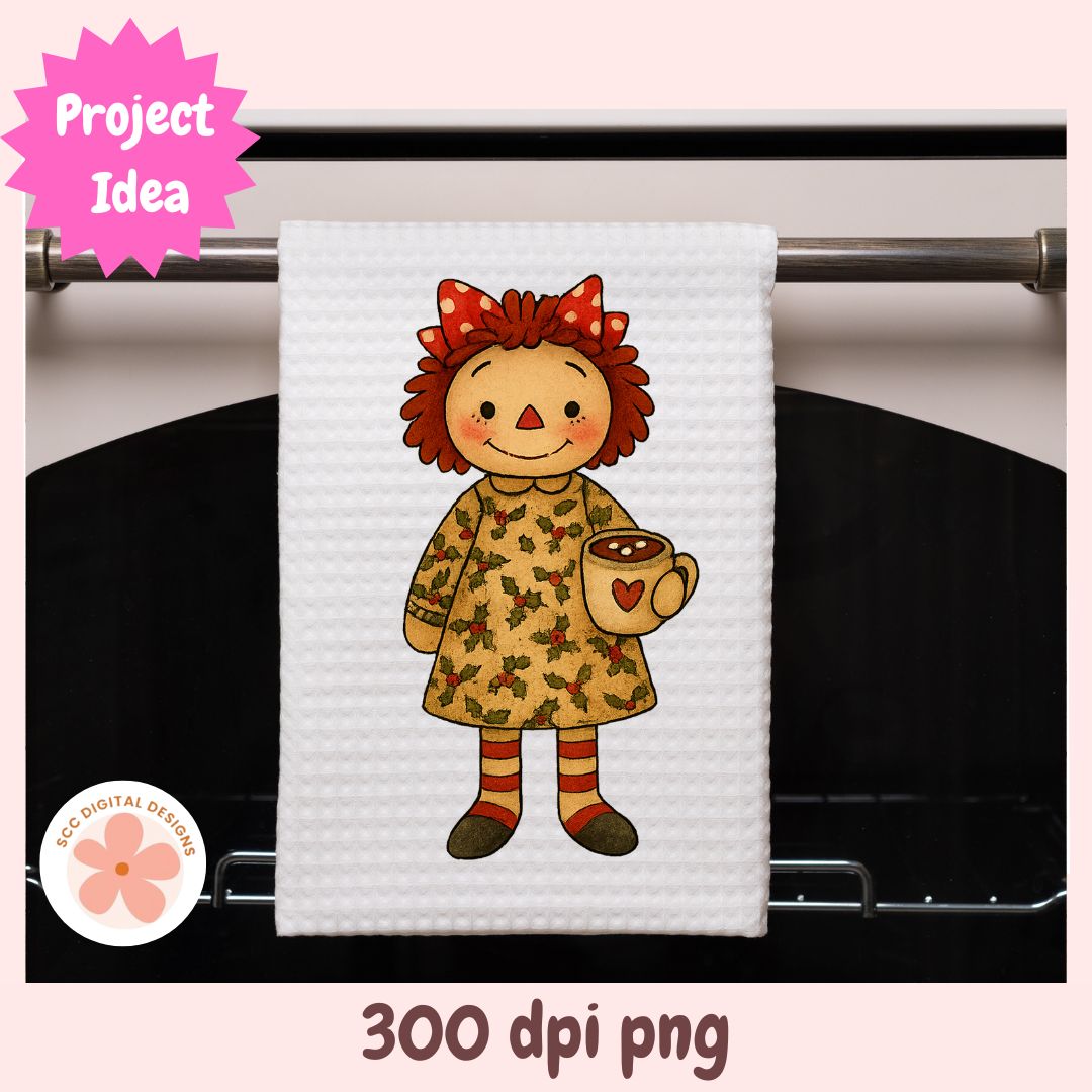 Towel with cartoon character holding a mug on an oven door, featuring 'Project Idea' text.