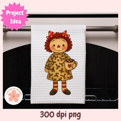 Towel with cartoon character holding a mug on an oven door, featuring 'Project Idea' text.