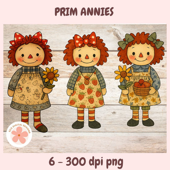 Three cartoon-style dolls with red hair and dresses holding flowers and a basket on a wooden background, branded 'Prim Annies'.