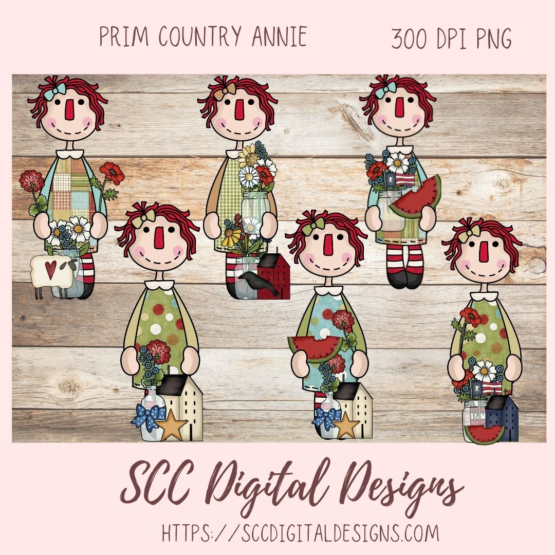 Annie Clipart Digital Download Primitive Doll Clip Art for Stickers for Women and Kids, Prim Sheep Flowers PNGs for T-Shirts or Mugs for Mom