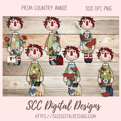 Annie Clipart Digital Download Primitive Doll Clip Art for Stickers for Women and Kids, Prim Sheep Flowers PNGs for T-Shirts or Mugs for Mom