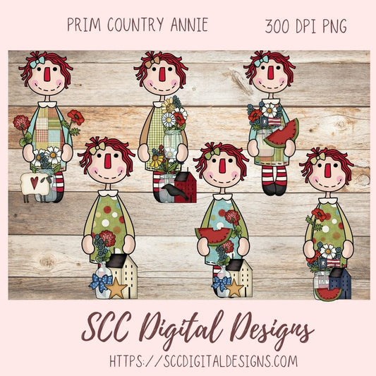 Annie Clipart Digital Download Primitive Doll Clip Art for Stickers for Women and Kids, Prim Sheep Flowers PNGs for T-Shirts or Mugs for Mom
