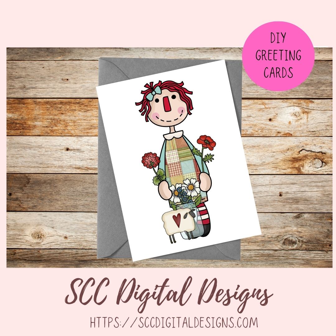 Annie Clipart Digital Download Primitive Doll Clip Art for Stickers for Women and Kids, Prim Sheep Flowers PNGs for T-Shirts or Mugs for Mom
