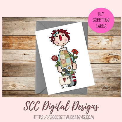 Annie Clipart Digital Download Primitive Doll Clip Art for Stickers for Women and Kids, Prim Sheep Flowers PNGs for T-Shirts or Mugs for Mom