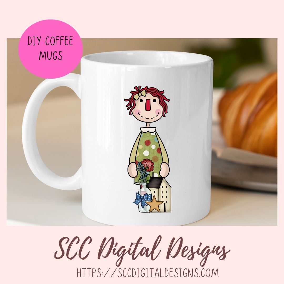 Annie Clipart Digital Download Primitive Doll Clip Art for Stickers for Women and Kids, Prim Sheep Flowers PNGs for T-Shirts or Mugs for Mom
