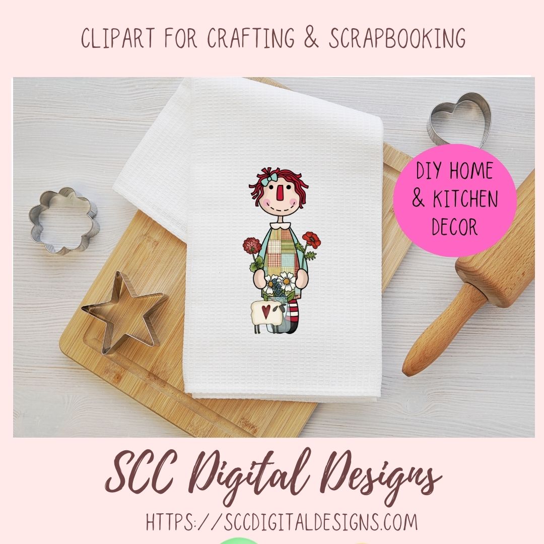 Annie Clipart Digital Download Primitive Doll Clip Art for Stickers for Women and Kids, Prim Sheep Flowers PNGs for T-Shirts or Mugs for Mom