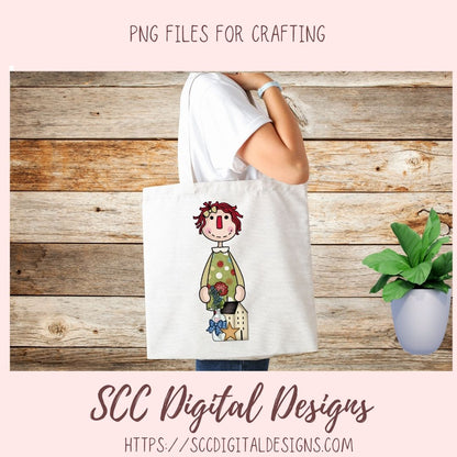 Annie Clipart Digital Download Primitive Doll Clip Art for Stickers for Women and Kids, Prim Sheep Flowers PNGs for T-Shirts or Mugs for Mom