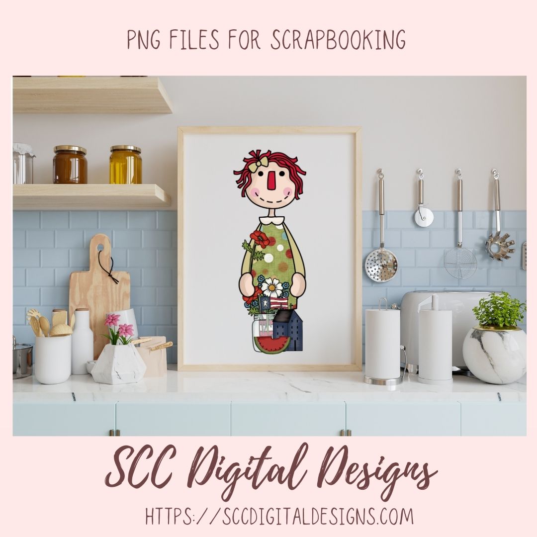 Annie Clipart Digital Download Primitive Doll Clip Art for Stickers for Women and Kids, Prim Sheep Flowers PNGs for T-Shirts or Mugs for Mom